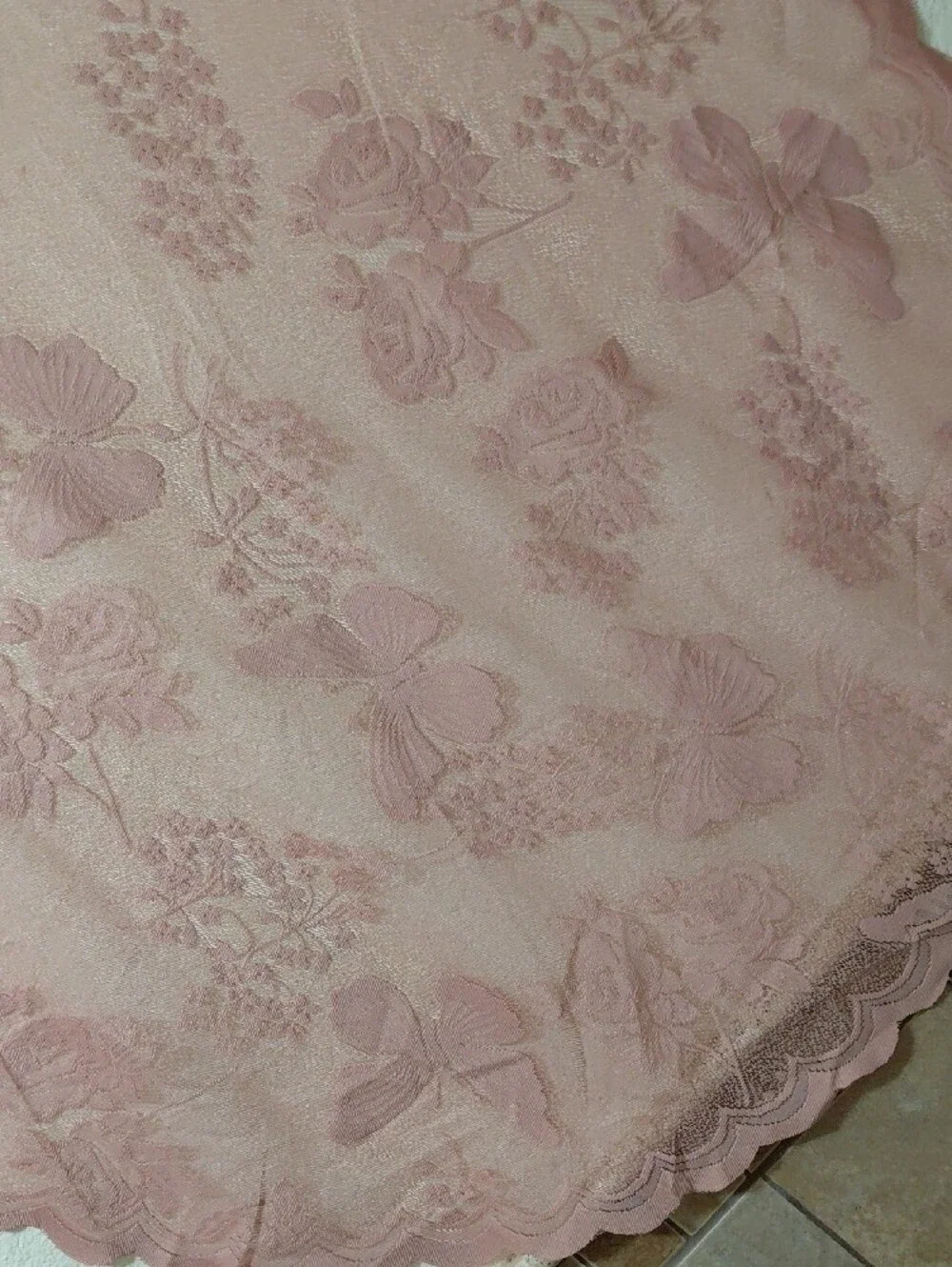 Blush Pink Sheer Floral & Butterfly Lace Overlay Tablecloth